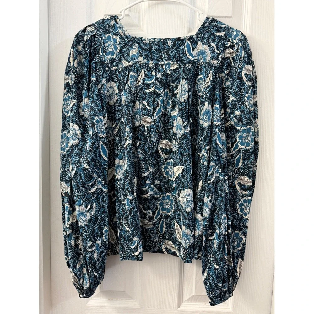 Ulla Johnson Issa Blouse Midnight Blue Floral Puff Sleeve Sz 10 NWT Cottagecore